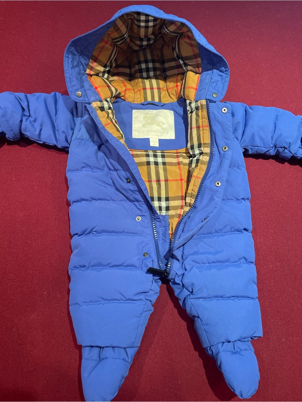 Burberry Royal Blue Puffer Baby Snowsuit with Signature Check Lining
